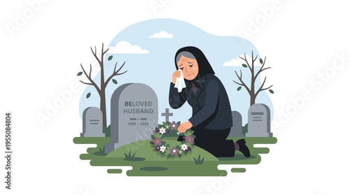 An elderly woman, sorrowful and wearing mourning attire, weeps beside a grave marked by a headstone and wreath. The grieving widow laments in the cemetery. The illustration is a vibrant vector in a