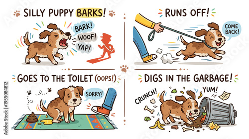 A collection addressing problematic dog behavior, featuring a mischievous puppy that barks, runs away, uses the toilet, and digs through trash, illustrated with vibrant, hand‑drawn doodles on a white