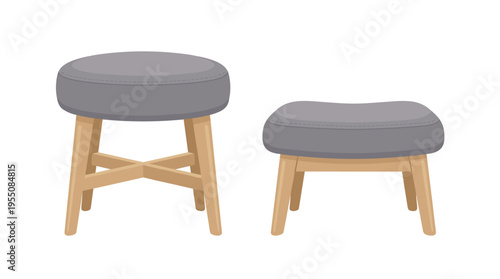 Modern minimalist stool and seat, a soft and cozy piece of furniture for home interior design and decor, featuring a cushioned footrest and a small bench for sitting, presented as a flat vector