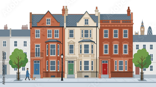 UK houses line, London city building facades and exteriors, old urban architecture, classic historic British facades, English neighborhood landscape, European cityscape street view, flat vector