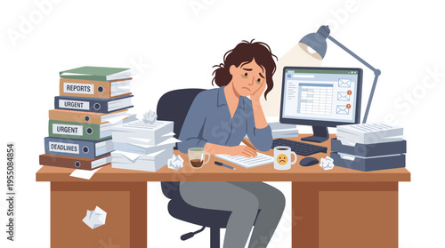 A weary, sorrowful employee swamped with tasks, depicted as a discontented woman seated behind a desk surrounded by papers in a colored flat vector illustration against a white backdrop