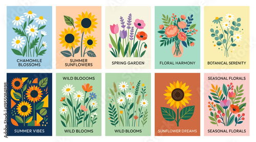 A collection of floral posters featuring abstract spring plants, stunning bouquets, and modern botanical cards, alongside contemporary wall art with blooming sunflowers and chamomiles, presented as