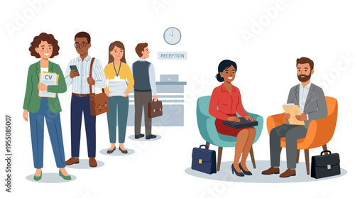 Illustrated in flat vector style, a line of male and female candidates holding resumes. The smiling applicants, each with a briefcase and document case, sit alone on an armchair against a white