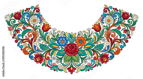 A vibrant satin stitch floral embroidery design adorns the dress neckline, featuring a trendy folk-inspired pattern that serves as a colorful ethnic ornament against a black backdrop