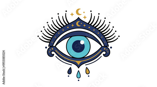 A mystical evil eye featuring eyelashes, an esoteric sacred eyeball with a mysterious aura, an ancient spiritual emblem rendered in contemporary doodle style, presented as a colored flat vector image