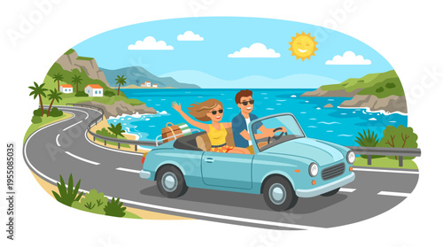 A romantic couple cruises in a convertible during summer holidays, driving along the seaside, depicted as a flat vector illustration on a white background