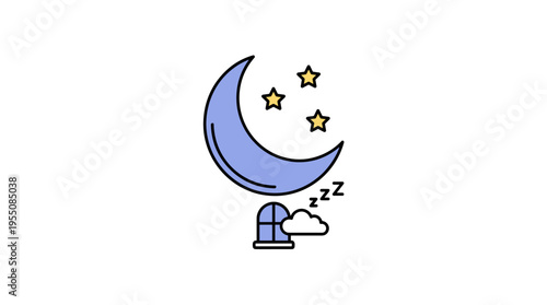 A minimalist line‑art icon featuring a half‑moon or waning crescent, representing night and bedtime, presented as a flat, contoured vector image set against a white background