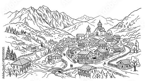 Hand‑drawn black‑and‑white sketch of a Georgian town set against a mountain backdrop, showing the city’s buildings and streets nestled between hills. Illustration