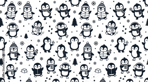 A monochrome, seamless pattern featuring adorable baby penguins wearing assorted winter outfits against a white backdrop, ideal for wallpaper, fabric prints, or backdrops