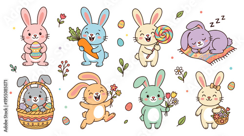 A collection of charming, humorous Easter rabbits or bunnies set against a plain white backdrop, grouped together with joyful animals clutching an egg, carrot, lollipop, and some sleeping, presented