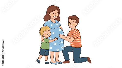 A joyful family scene: a son embraces his expectant mother while the father kneels beside her, gently touching her belly, celebrating pregnancy and motherhood in cute flat cartoon style on a white