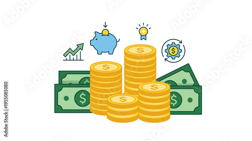 Stacks of coins, gold money, and cash. Bonus, profit, savings, and investment depicted as a finance concept icon. A pile of dollar cents for payment and deposit. A flat vector illustration isolated