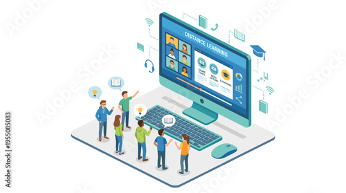 A cluster of miniature men, women, and students gathers before a colossal computer, gazing at its screen as they engage in distance learning, online study, and internet education, depicted in a