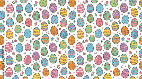 A seamless pattern featuring a variety of colorful Easter eggs set against a white backdrop, designed as a repeatable spring festive texture for endless printing, rendered as a hand‑drawn flat
