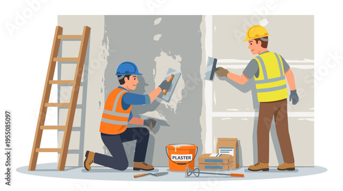 Renovating and repairing walls, workers are plastering and smoothing drywall, while builders and construction crew use trowels; a flat vector illustration stands alone on a white background