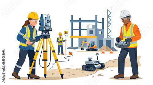 A construction worker employs a remote‑controlled surveying tool for inspection, while an engineer and surveyor use professional equipment on the building site; the scene is depicted as a flat vector