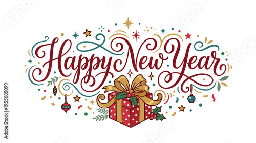 A handwritten New Year’s greeting in elegant calligraphy, featuring a festive wish and a decorative gift illustration for a greeting card or postcard design