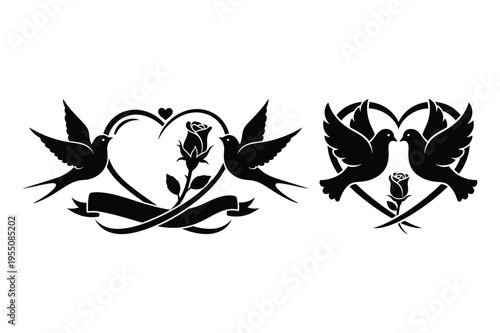 Heart banner with doves and rose silhouettes