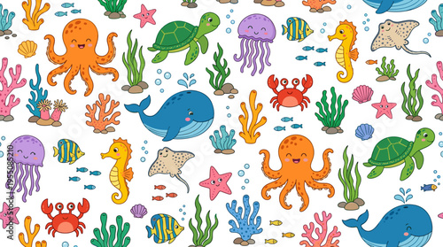 A continuous pattern featuring whimsical marine animals and underwater creatures inhabiting the ocean, set against a white background, rendered as a flat cartoon vector suitable for fabric, wrapping