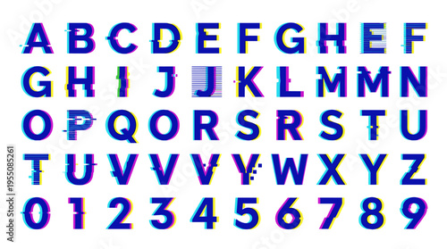 A white background displays the Latin alphabet in a modern vector style, with letters sorted alphabetically and numbers rendered with a video glitch, electronic distortion, and cyber crash effect