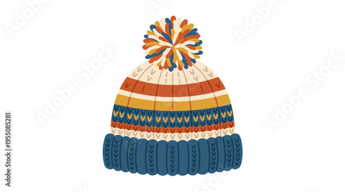 A pom‑pom winter hat, a knitted woolen beanie in cozy style, a soft warm wool head accessory for cold weather, seasonal wear, presented as a flat vector illustration on a white background