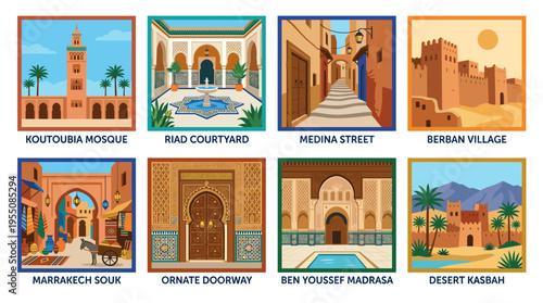 Set of Morocco architecture cards featuring Moroccan buildings on square backgrounds, abstract depictions of ancient Marrakech and Medina, Berber houses, Marrakesh wall art, and colorful modern flat
