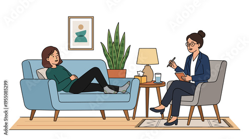 A woman reclines on a sofa while a female psychologist, psychoanalyst, or psychotherapist sits in a chair, notebook in hand, engaging in conversation about mental health and therapy in a flat cartoon