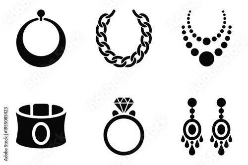 Elegant jewelry icons: necklace, ring, earrings, bracelet, chain