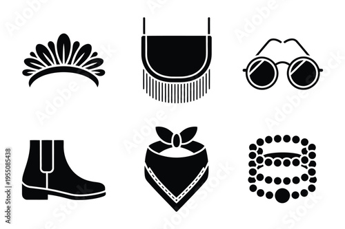 Accessory icons: tiara, bag, sunglasses, boot, bandana, necklace