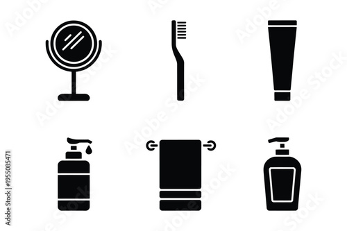 Bathroom essentials icons: hygiene and personal care items