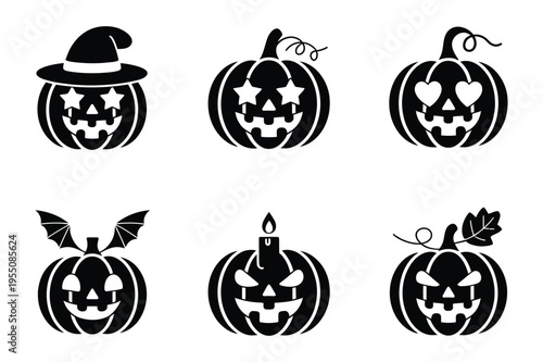 Halloween pumpkin icons black silhouette vector set with witch hat