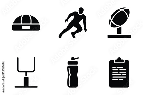 American football icons black silhouette vector set with water bottle