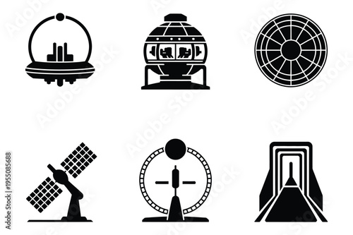 Space technology icons black silhouette vector set