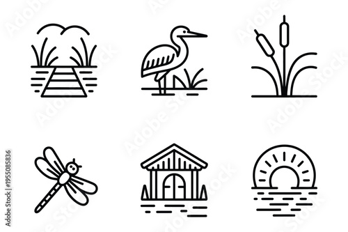 Wetland nature icons: heron, dragonfly, bridge, hut