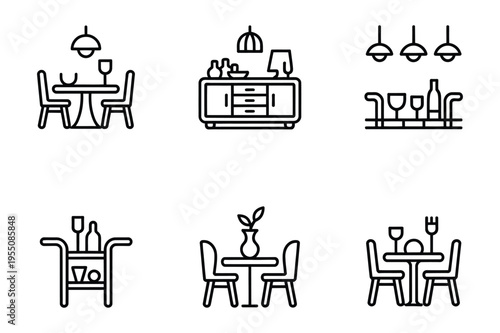 Dining room icons: table, chairs, buffet, bar cart
