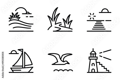 Coastal scene icons: sailboat, seagull, lighthouse