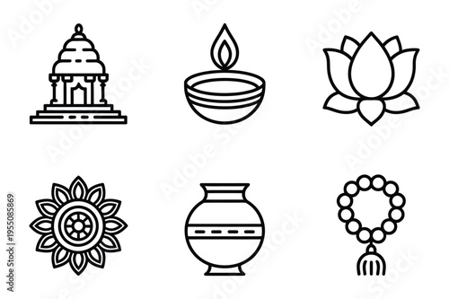 Indian culture icons: temple, lamp, lotus, pot, garland