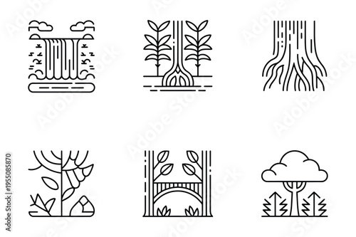 Nature icons: waterfall, tree roots, forest, bridge