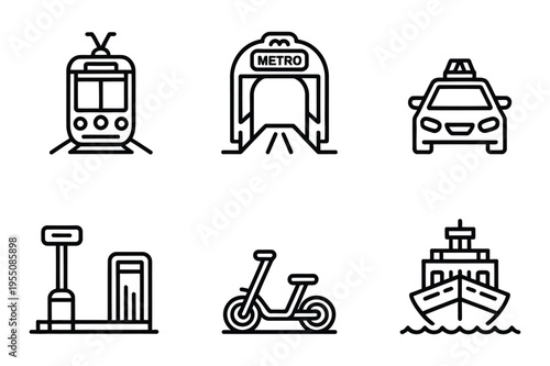 City transport icons: train, metro, car, scooter, ship