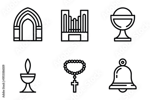 Religious symbols and architecture icons line art