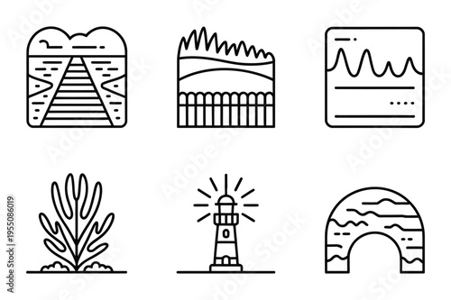 Marine and coastal landscape icons line art