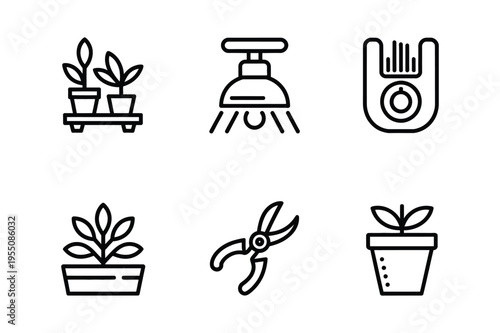 Gardening tools and plant icons line art set
