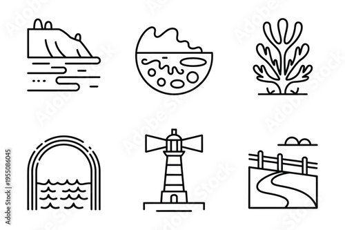 Coastal and landscape icons - lighthouse, island, archway