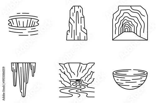 Natural cave and geological formation icons - stalactites, river