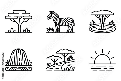 African safari icons - zebra, acacia tree, sun