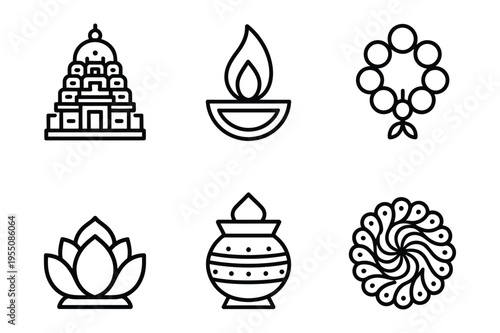 Indian culture icons - temple, diya lamp, lotus flower