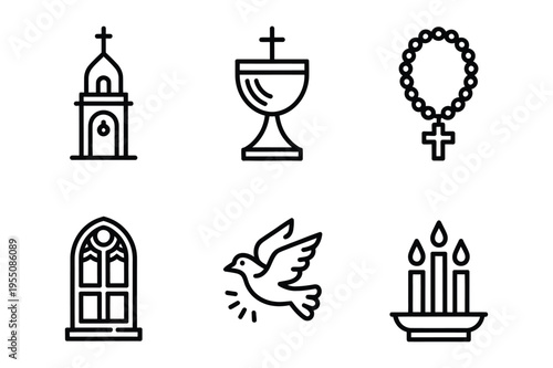 Christianity icons - church, chalice, rosary, dove