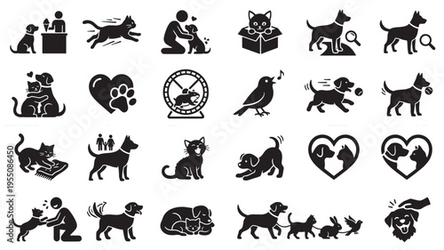 Multiple glyph symbols show diverse activities involving domestic animals such as playing, cuddling, walking, and general veterinary or ownership relationships.