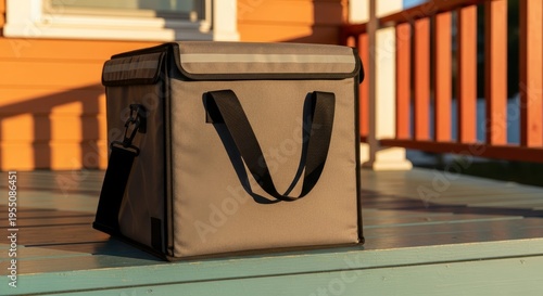 Portable insulated cooler bag on sunny wooden deck