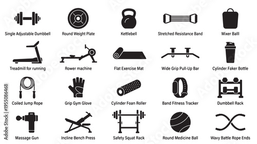 A detailed set of black glyph icons illustrates different pieces of exercise machinery and accessories used in weightlifting and physical conditioning routines.